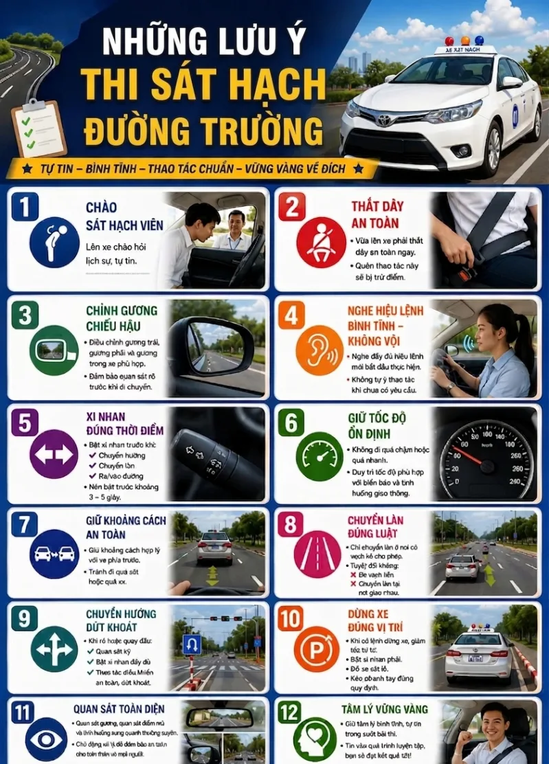 Bảng tổng hợp 12 lưu ý khi thi sát hạch đường trường