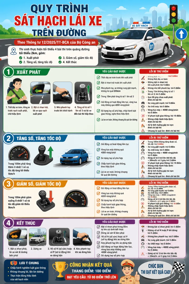 Quy trình sát hạch lái xe trên đường: 4 bài thi, yêu cầu đạt được và lỗi bị trừ điểm